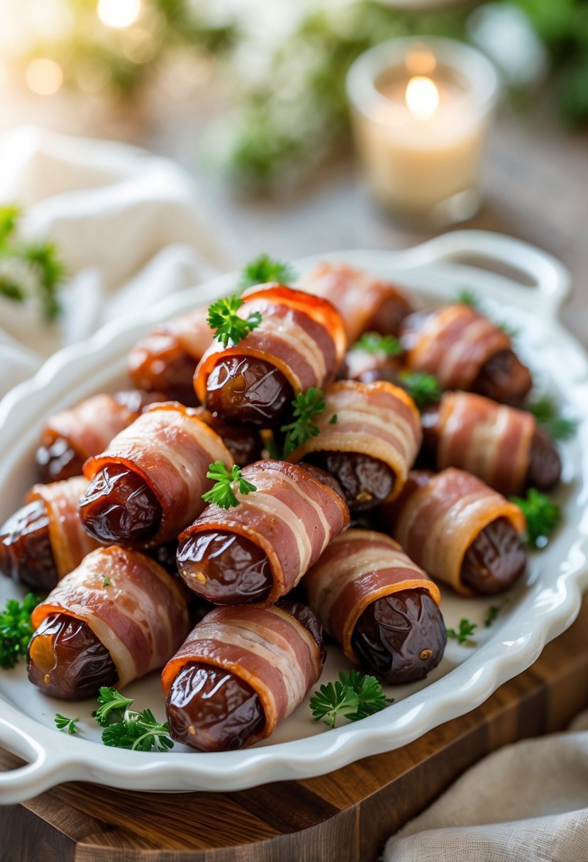 Platter of bacon-wrapped dates garnished with fresh herbs on a white serving dish.