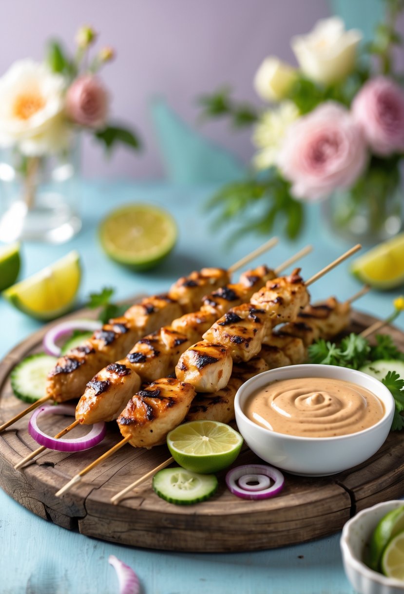 Plate of grilled chicken satay skewers with peanut sauce and fresh garnishes on a wooden board at a baby shower table.