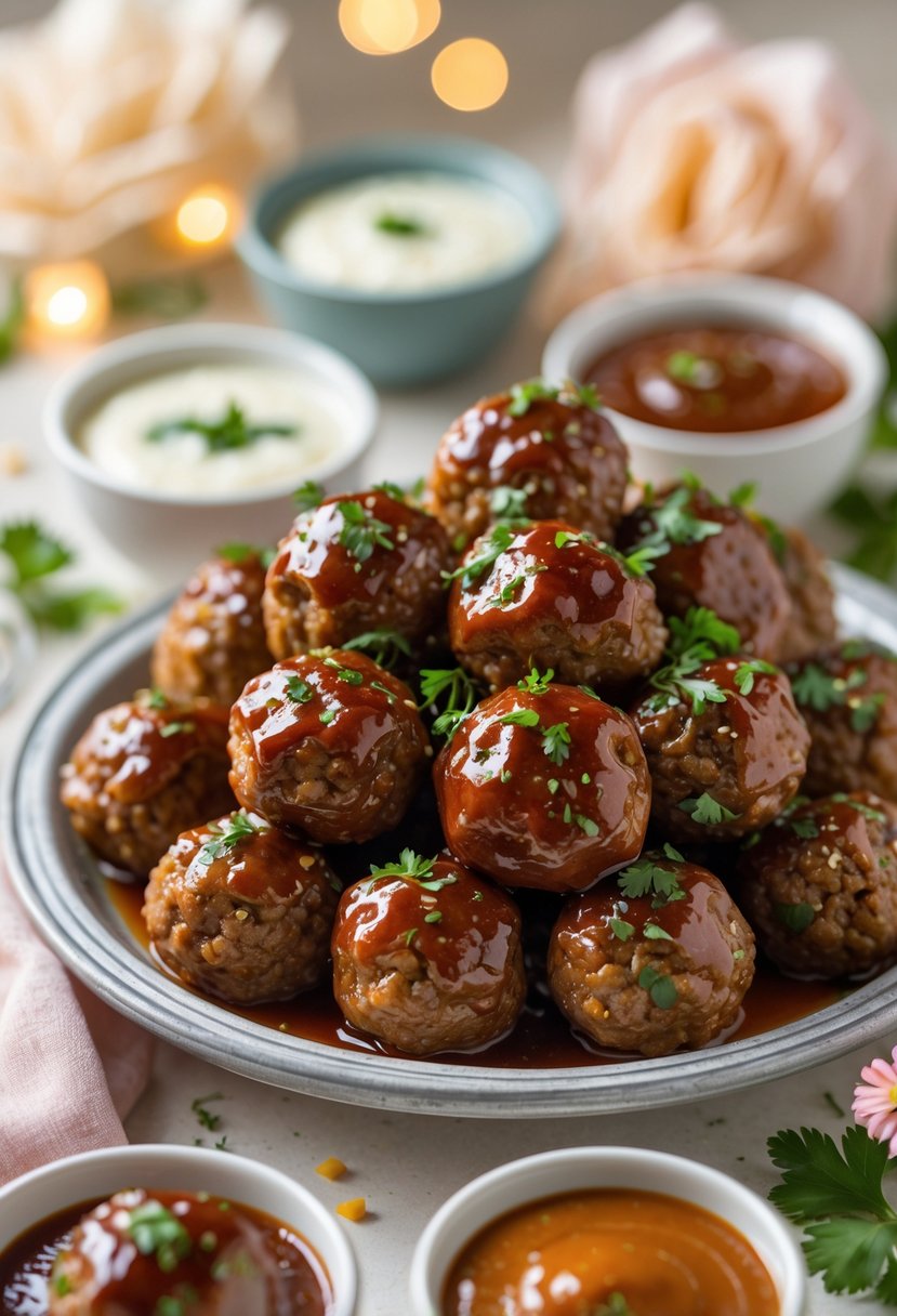 A platter of glazed sweet and spicy meatballs garnished with fresh herbs, surrounded by dipping sauces on a festive table.