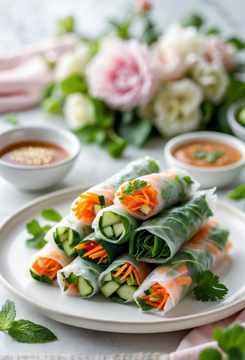 Plate of fresh veggie spring rolls with a bowl of dipping sauce on a softly decorated table.