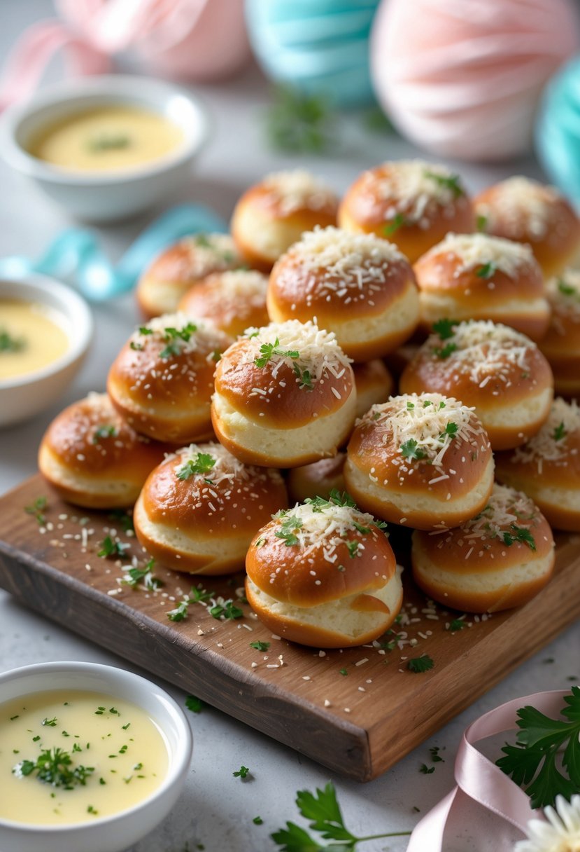 A wooden board with garlic parmesan pretzel bites and small bowls of dipping sauces, surrounded by soft baby shower decorations.