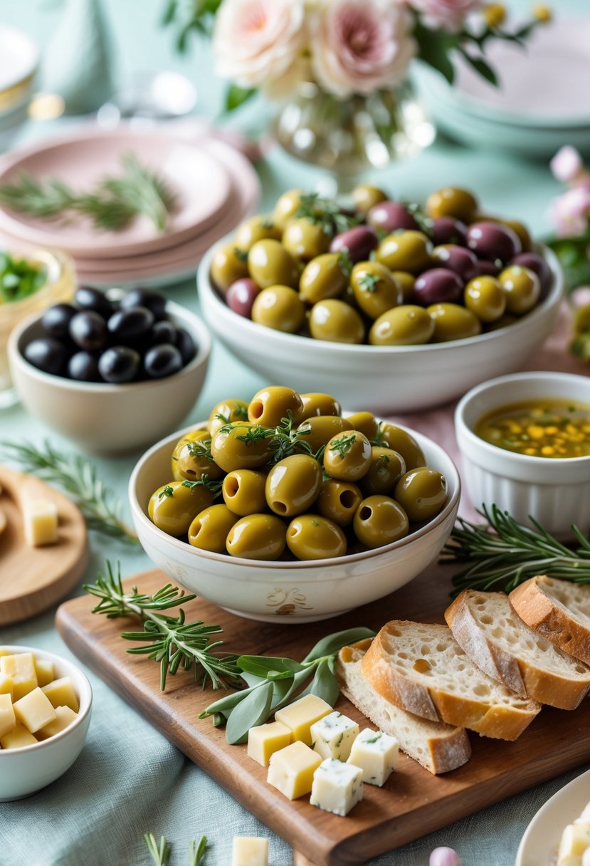 A table set with bowls of marinated olives surrounded by finger foods and baby shower decorations.