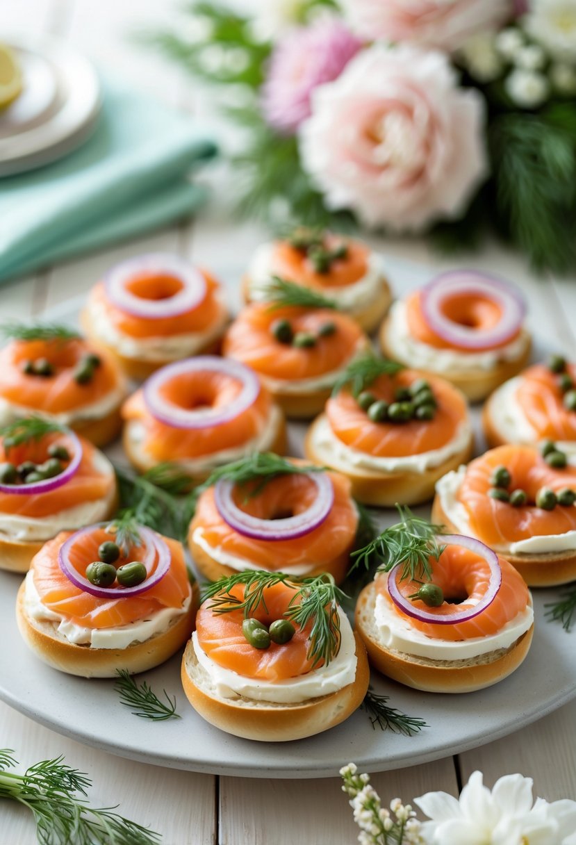A platter of mini bagels topped with smoked salmon, cream cheese, dill, red onion, and capers on a wooden table with pastel decorations.