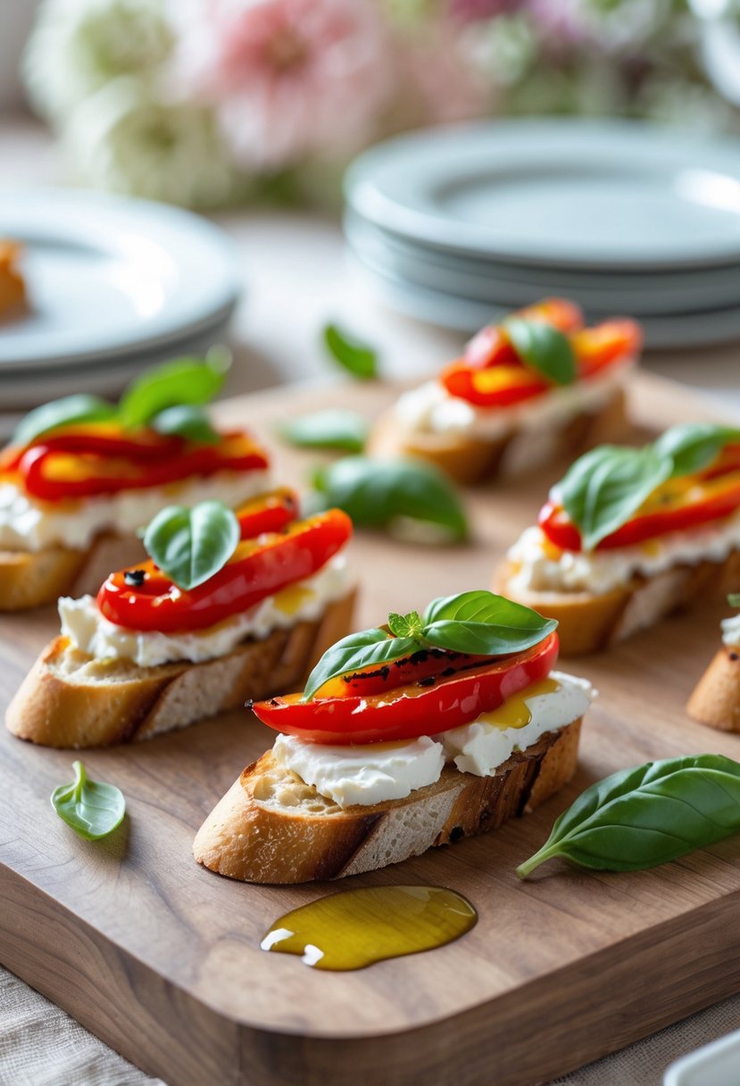 Close-up of roasted red pepper and goat cheese crostini arranged on a wooden board with basil garnish.