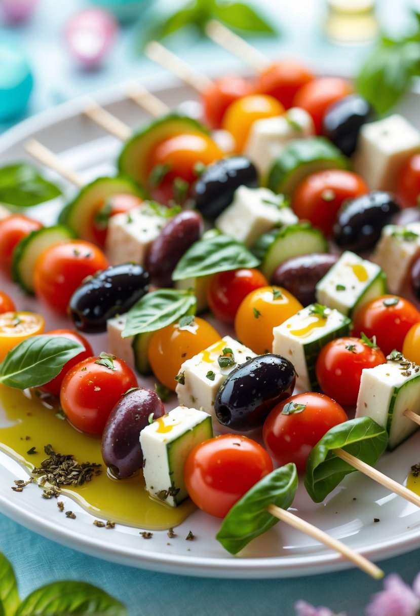 Close-up of Greek salad skewers with tomatoes, cucumber, feta cheese, olives, and basil on a white platter at a baby shower.