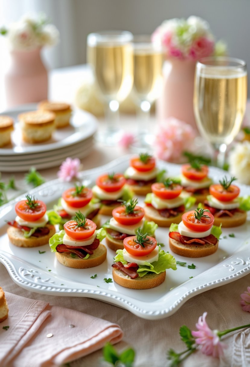 A platter of bite-sized BLT sandwiches with bacon, lettuce, and tomato arranged on a white tray surrounded by baby shower decorations and soft lighting.