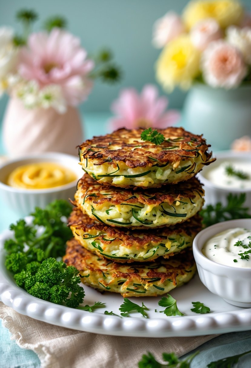 Plate of golden zucchini fritters garnished with parsley and served with dipping sauces on a decorated table.