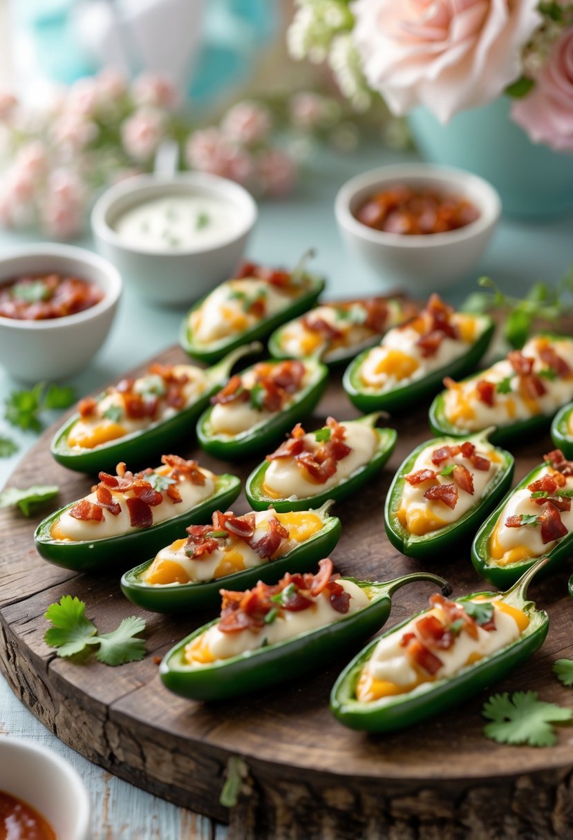 A platter of cheese-stuffed jalapeño poppers garnished with bacon and cilantro on a wooden board, with bowls of dipping sauces and baby shower decorations in the background.