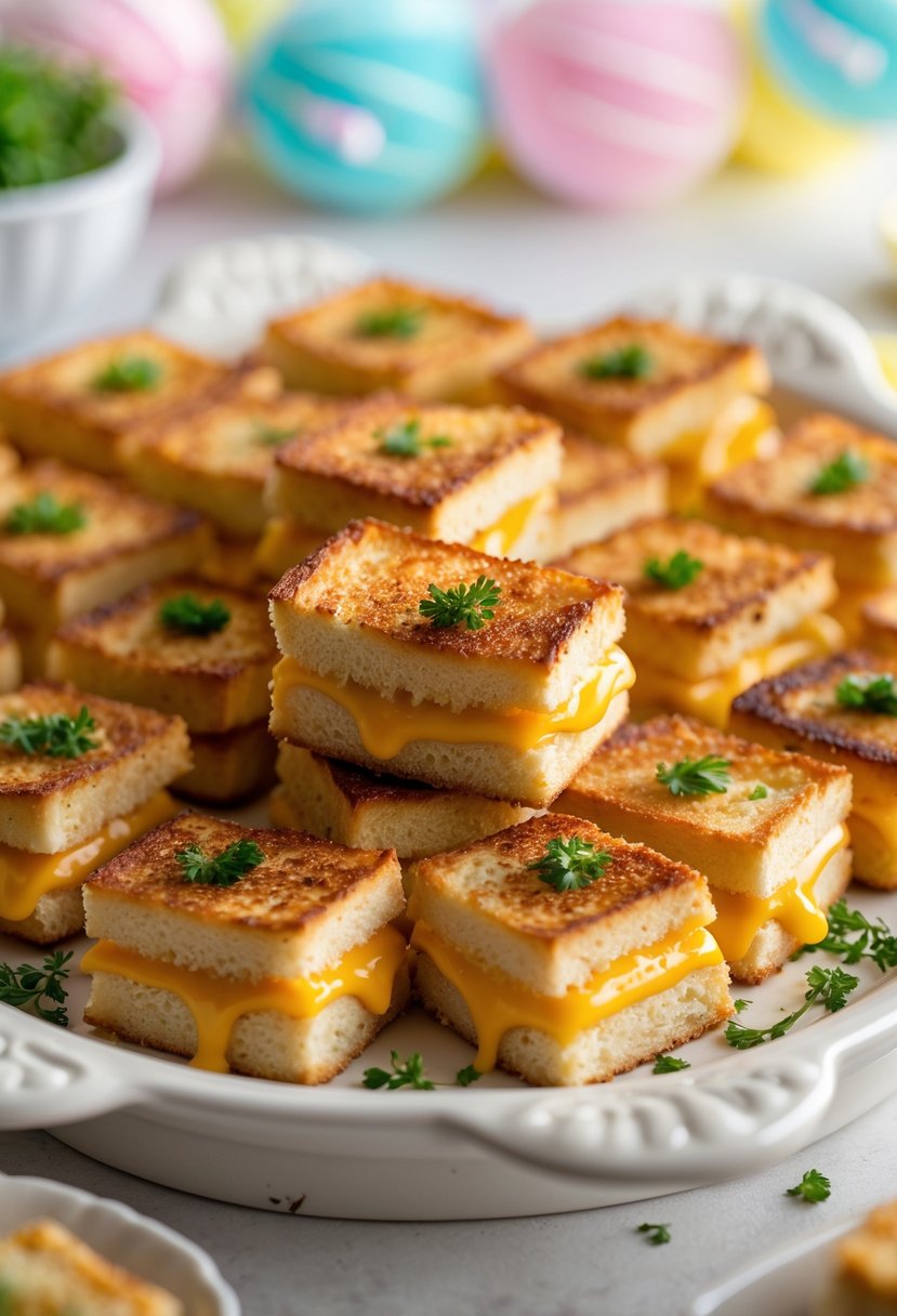 A platter of small grilled cheese bites with melted cheese and green herb garnish on a white tray, set in a softly decorated baby shower environment.