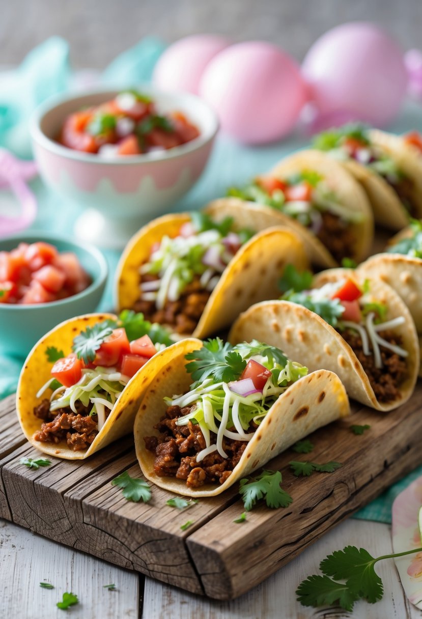 Close-up of mini tacos with fresh ingredients on a wooden board next to a bowl of red salsa on a decorated table.
