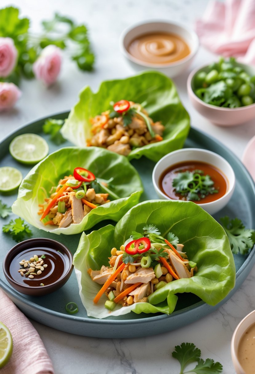 A platter of fresh Asian chicken lettuce wraps with dipping sauces on a decorated table.
