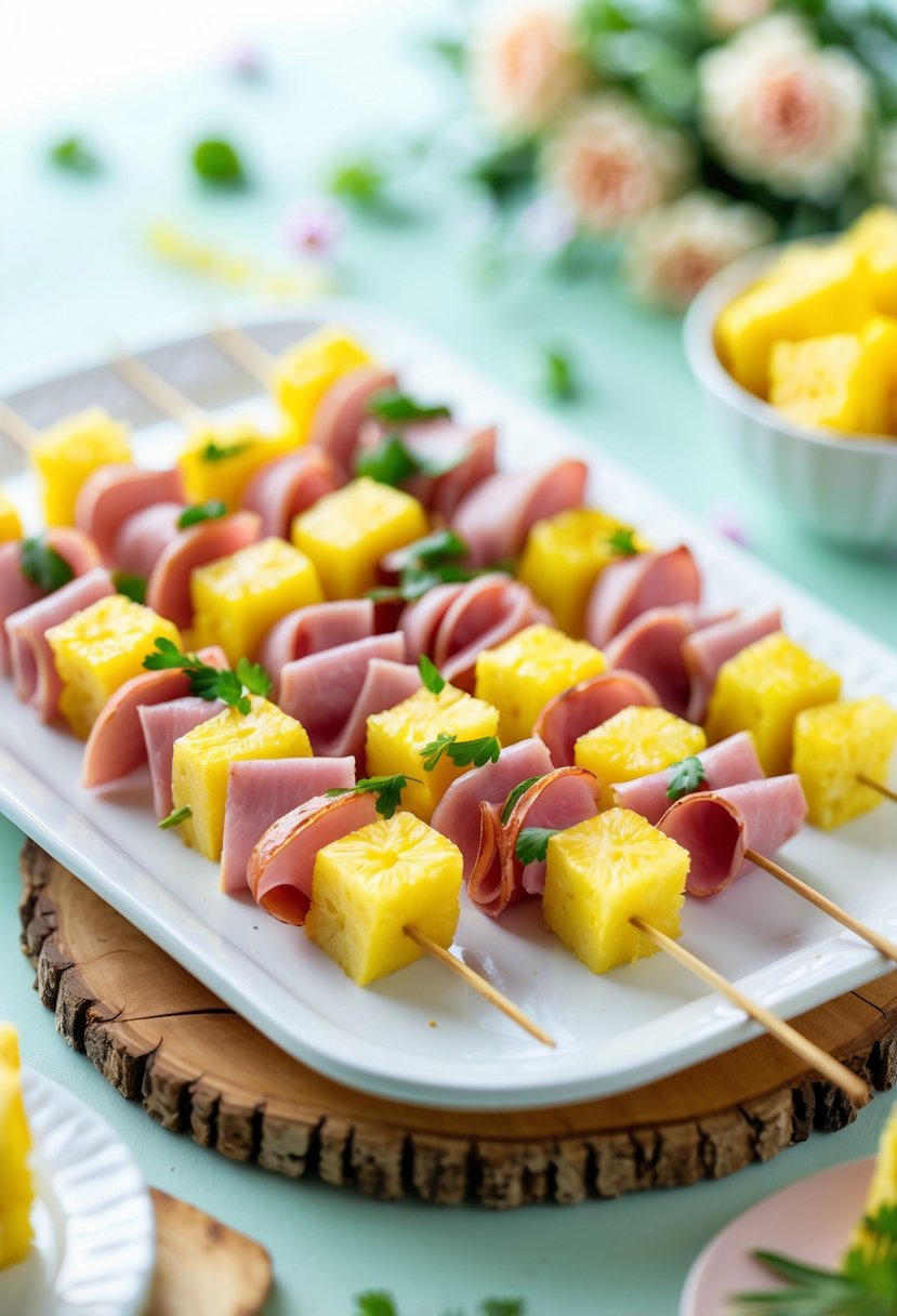 A platter of pineapple and ham skewers arranged on a serving tray with fresh herbs, set on a table with soft pastel decorations in the background.