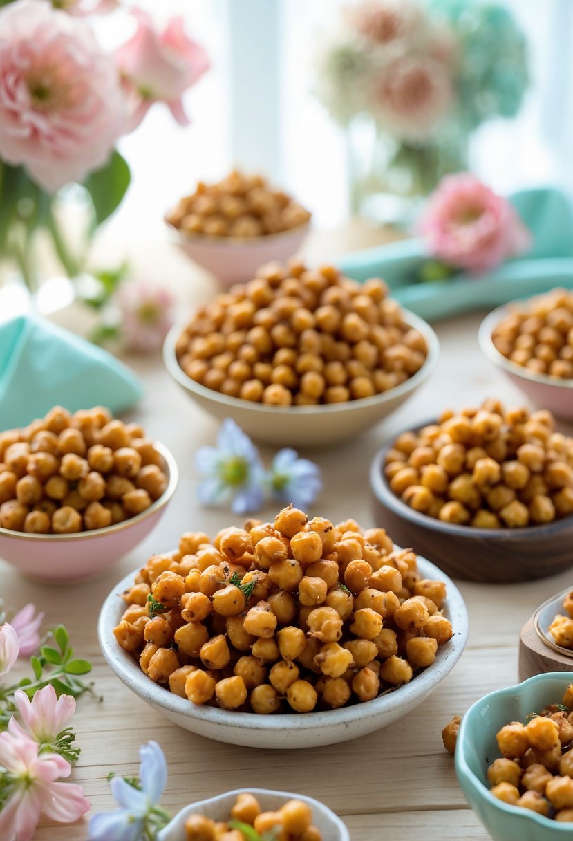 Bowls of golden roasted chickpeas arranged on a wooden table with baby shower decorations around them.