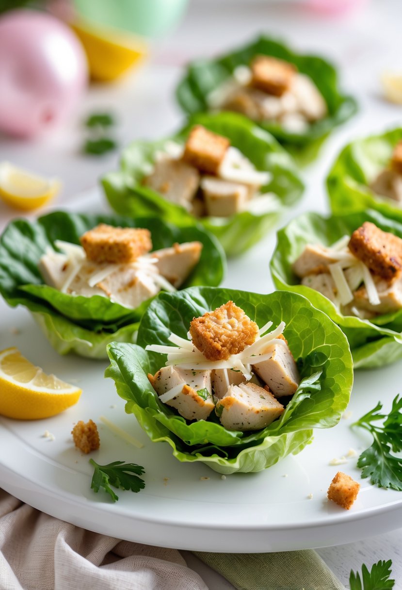 Close-up of chicken Caesar salad cups arranged on a platter with lettuce, grilled chicken, Parmesan, croutons, and dressing, set in a festive baby shower environment.
