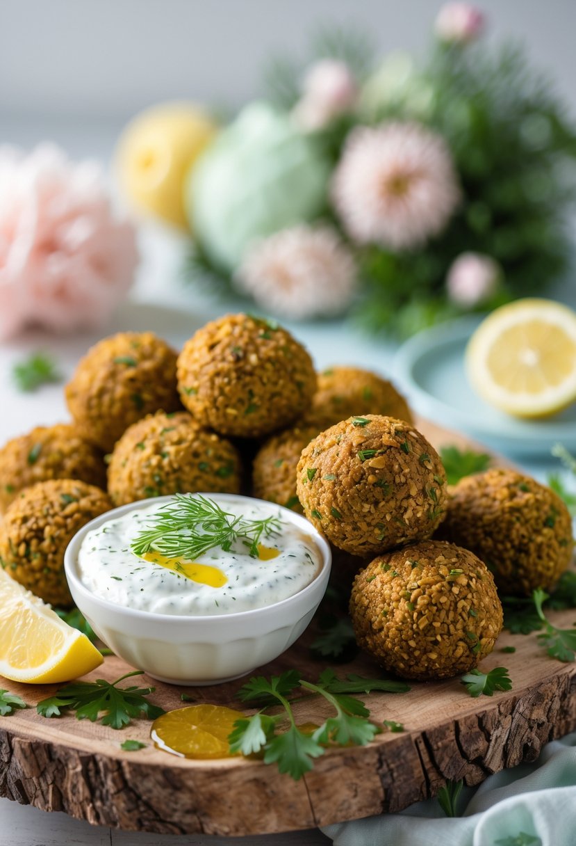 A platter of falafel balls with a bowl of tzatziki sauce garnished with herbs and lemon wedges on a wooden board.