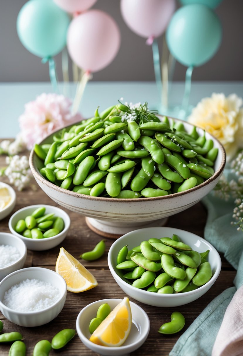 A bowl of fresh green edamame beans on a wooden table with small dishes of salt and lemon wedges, surrounded by soft baby shower decorations.