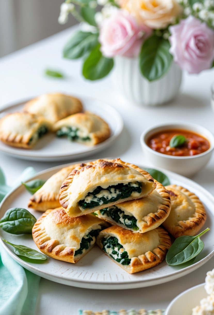 A plate of mini cheese and spinach calzones with a bowl of marinara sauce and fresh spinach leaves on a table decorated for a baby shower.