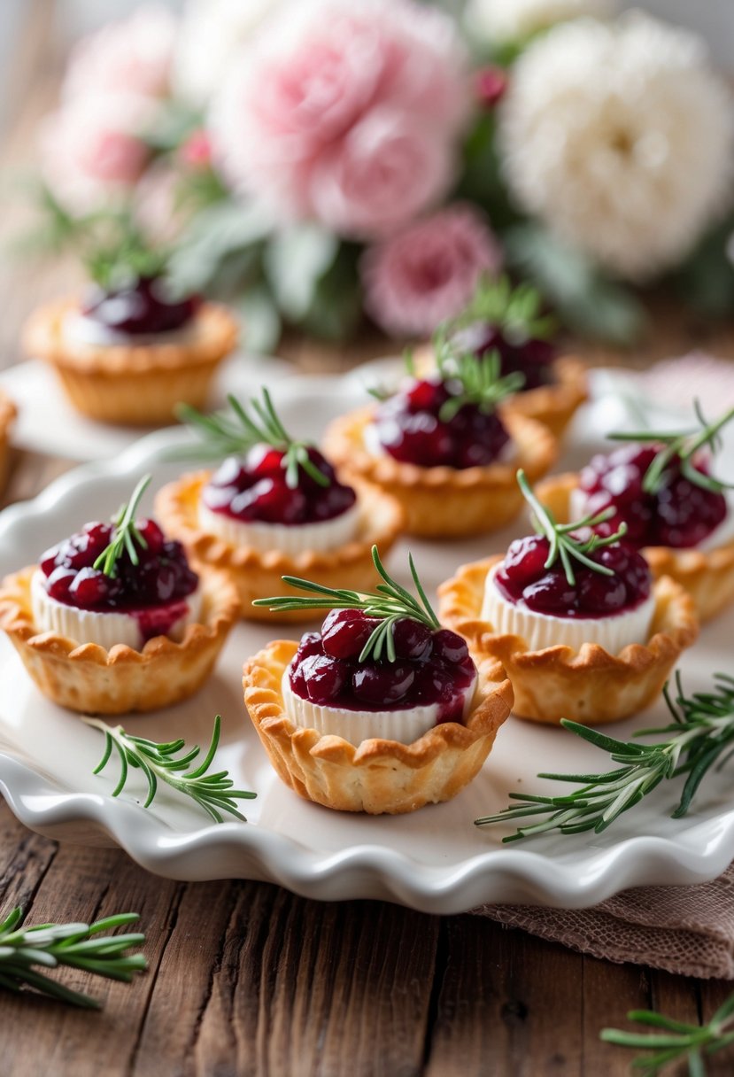 Close-up of cranberry brie bites on a white platter with rosemary garnish on a wooden table, with soft pastel baby shower decorations in the background.