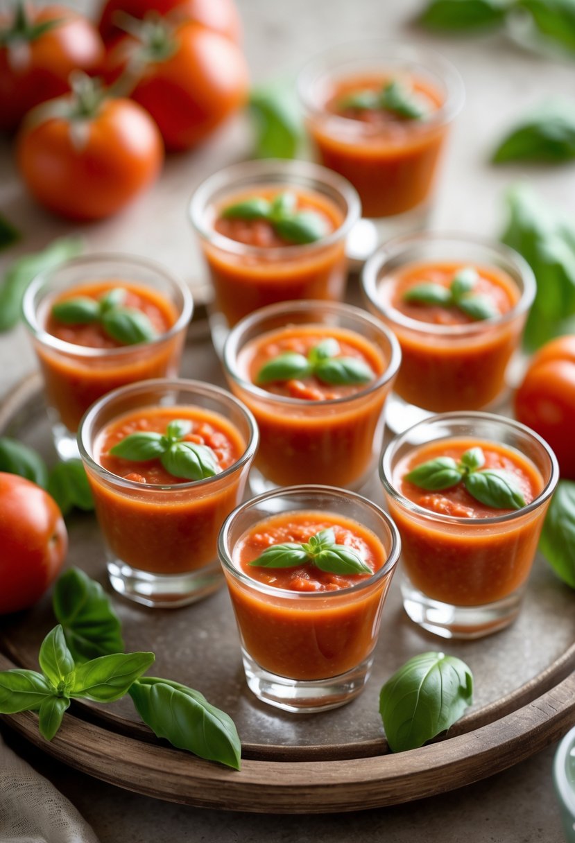 Several small glasses filled with tomato basil soup garnished with basil leaves, arranged on a wooden tray with fresh tomatoes and basil nearby.