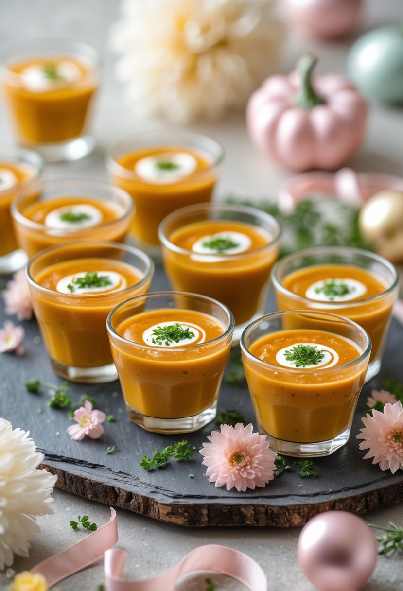Small glasses of pumpkin soup garnished with herbs and cream arranged on a wooden tray with baby shower decorations in the background.