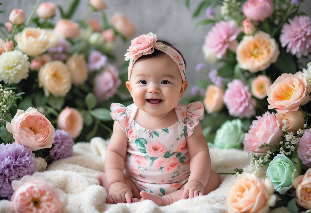 A baby girl sitting on a white blanket surrounded by colorful flowers and greenery.