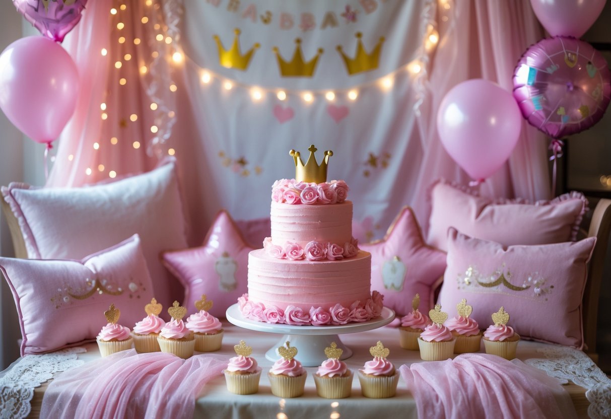 A pink princess-themed baby shower setup with a decorated table featuring a tiered cake topped with a golden crown, cupcakes, balloons, and soft decorations in pink hues.