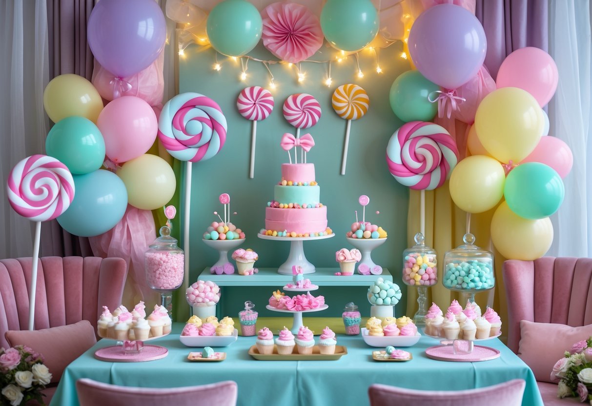 A colorful baby shower setup with candy-themed decorations, pastel balloons, and a dessert table filled with sweets.