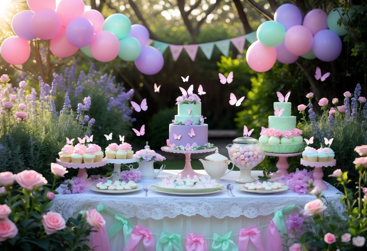 A garden decorated for a baby shower with colorful flowers, butterflies, pastel balloons, and a table set with treats and a butterfly-themed cake.