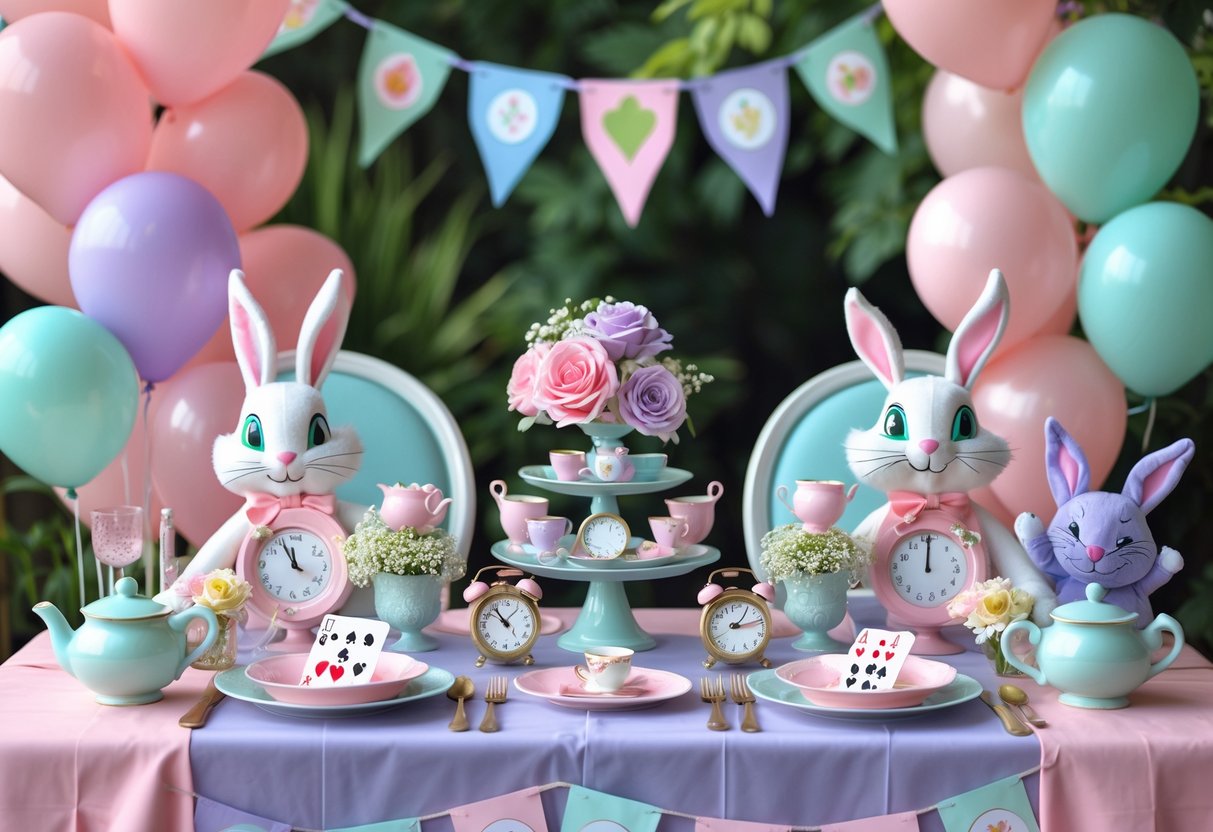 A decorated baby shower table with pastel colors, whimsical Alice in Wonderland-themed items like teacups, playing cards, plush toys, flowers, and balloons.