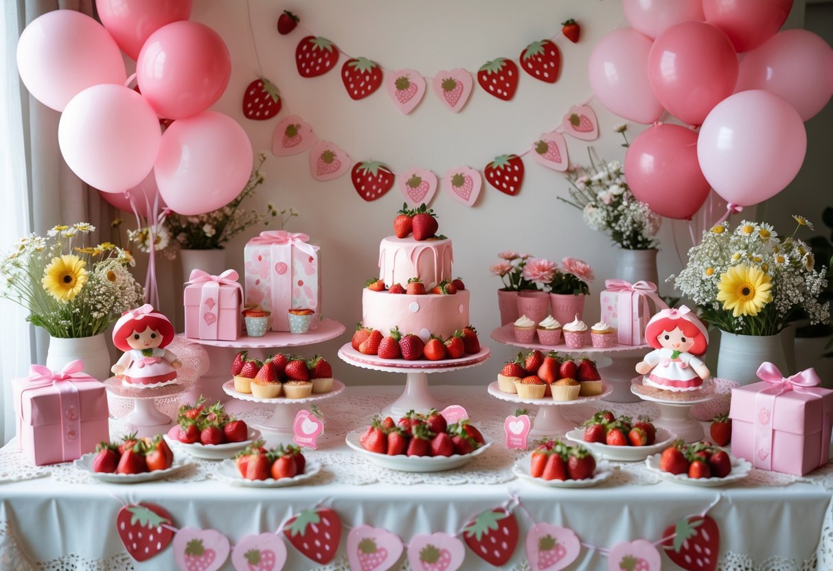 A baby shower setup with strawberry-themed decorations, including a strawberry-shaped cake, cupcakes, balloons, and floral arrangements in pink and white colors.