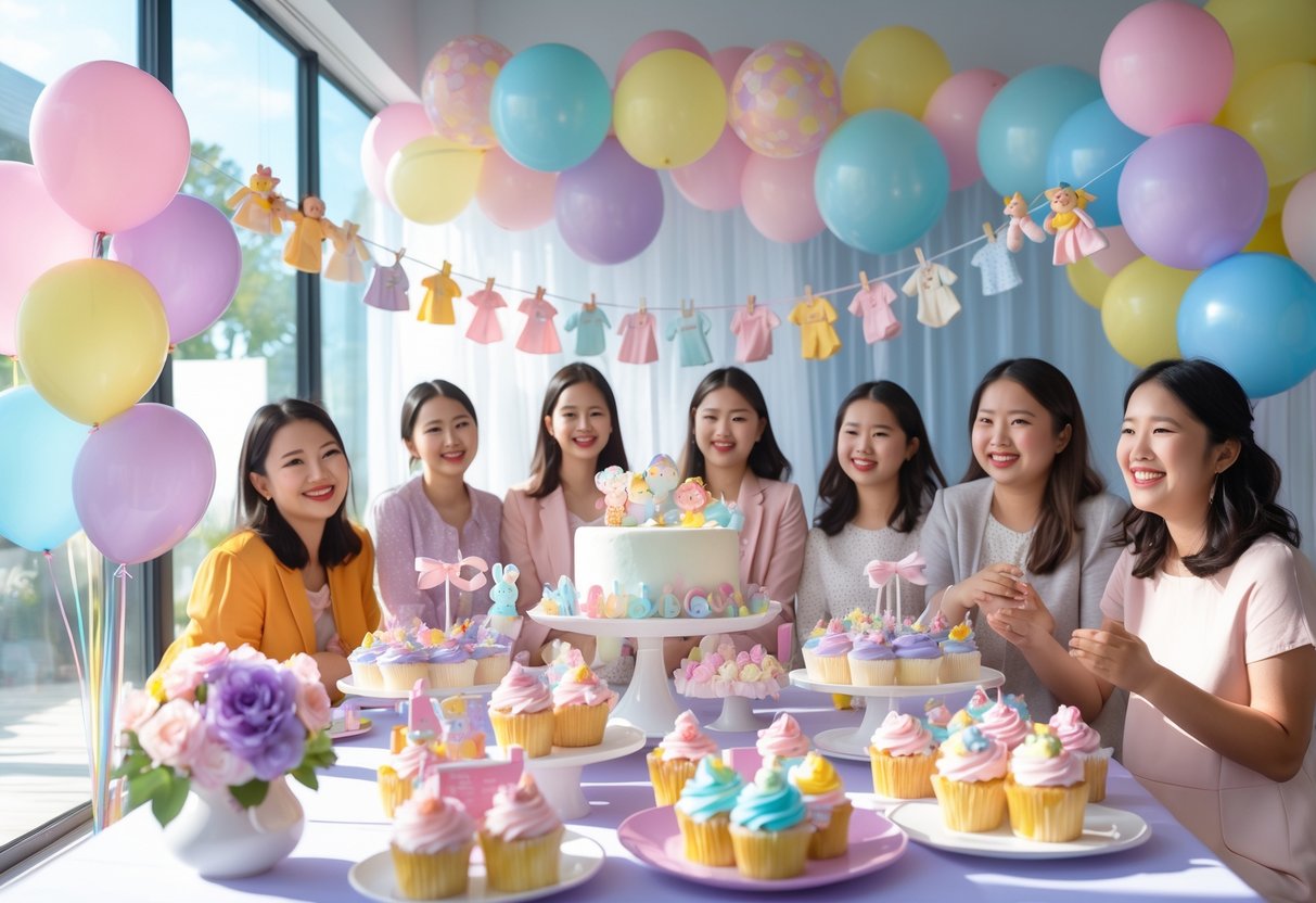 A colorful baby shower setup with rainbow balloons, flowers, decorations, and happy guests celebrating indoors.