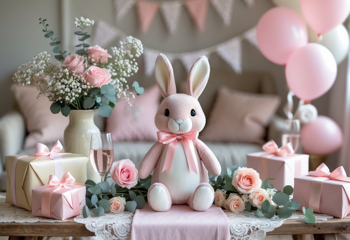 A baby shower setup with a plush rabbit toy, pastel pink decorations, flowers, balloons, and wrapped gifts on a wooden table.