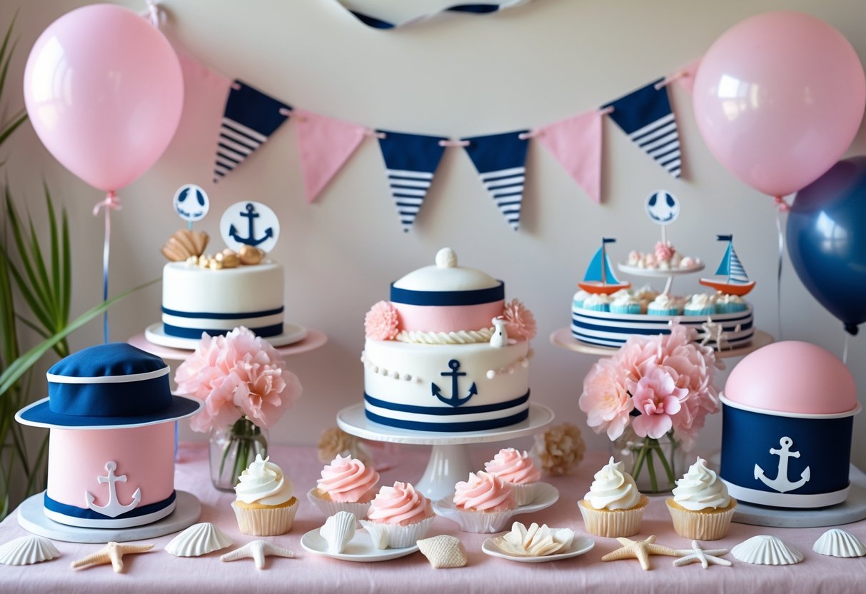 A baby shower setup with pink and navy nautical decorations including sailor hats, seashells, balloons, cupcakes, and a themed cake on a decorated table.