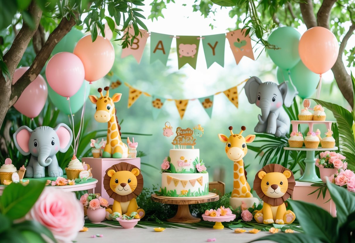 A baby shower setup with pastel decorations and cute safari animals like elephants and giraffes surrounded by balloons and greenery.