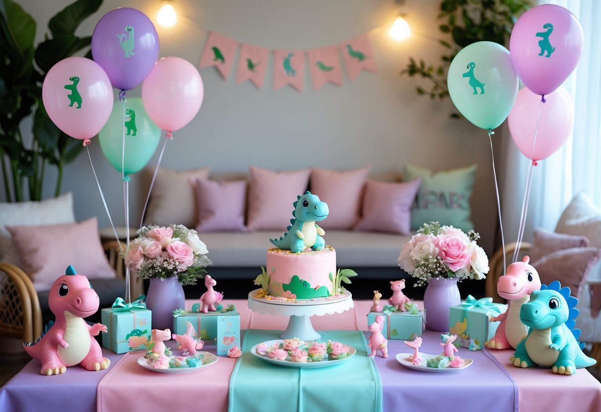A baby shower setup with pastel decorations, baby dinosaur toys, balloons, flowers, and a cake with a dinosaur topper.