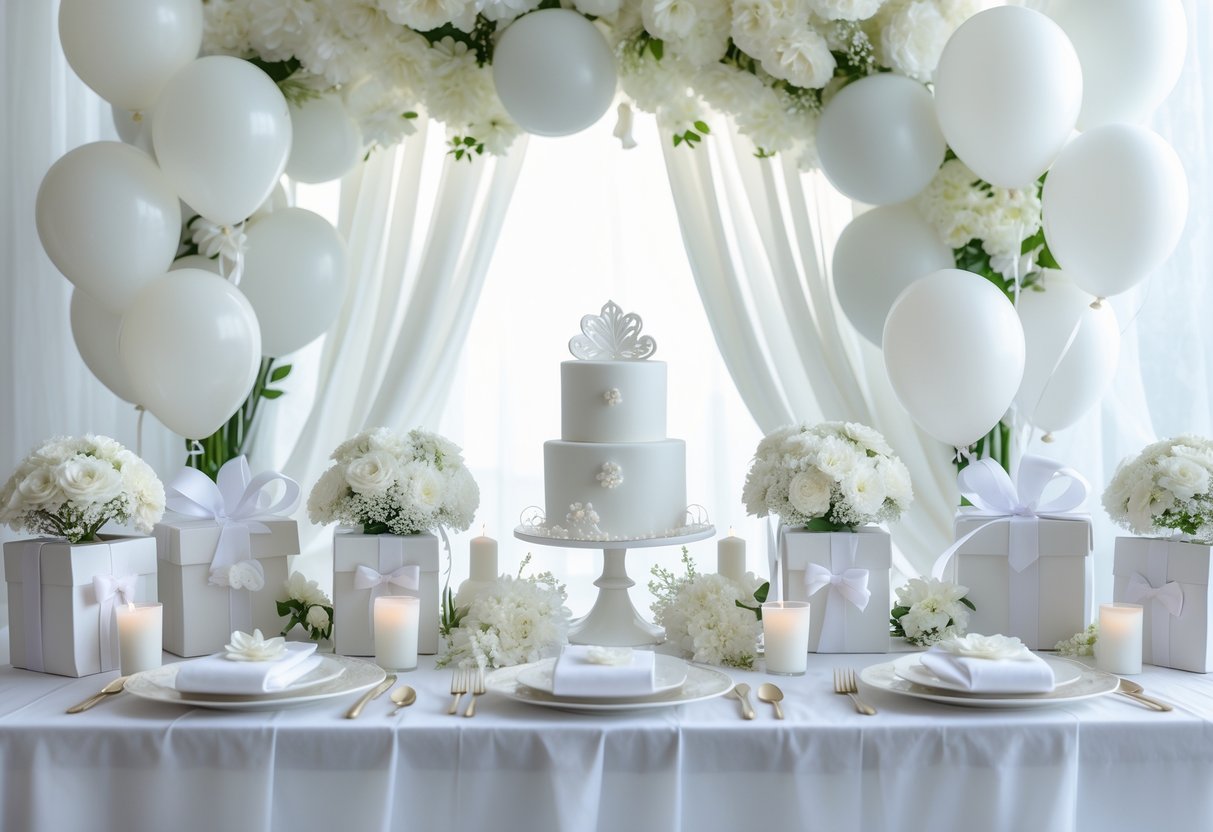 A white-themed baby shower setup with white flowers, balloons, gift boxes, and tableware arranged on a decorated table.