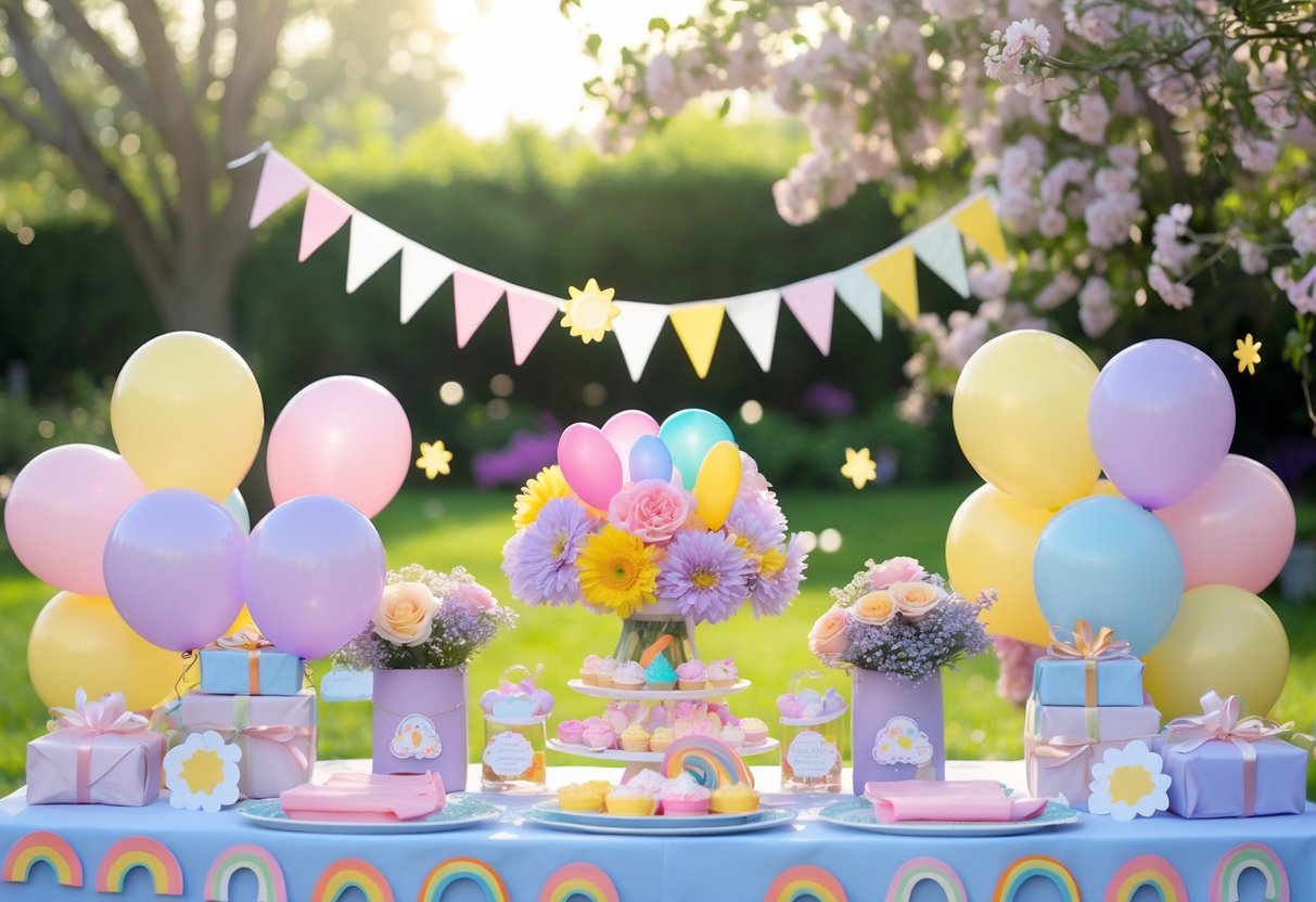 A decorated outdoor baby shower table with pastel balloons, rainbow-themed decorations, flowers, and gifts in a sunny garden setting.