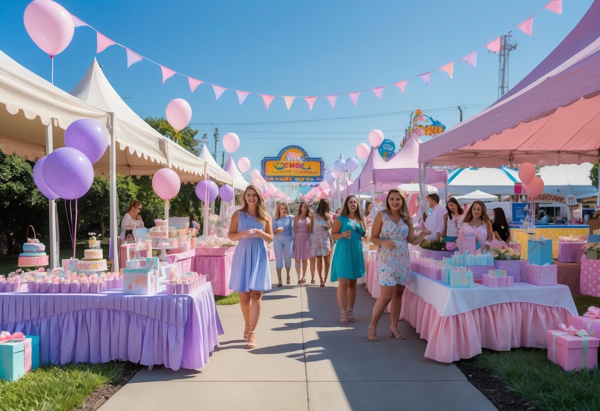 A colorful outdoor baby shower at a state fair with pastel decorations, balloons, tables with cupcakes and gifts, and smiling guests celebrating.