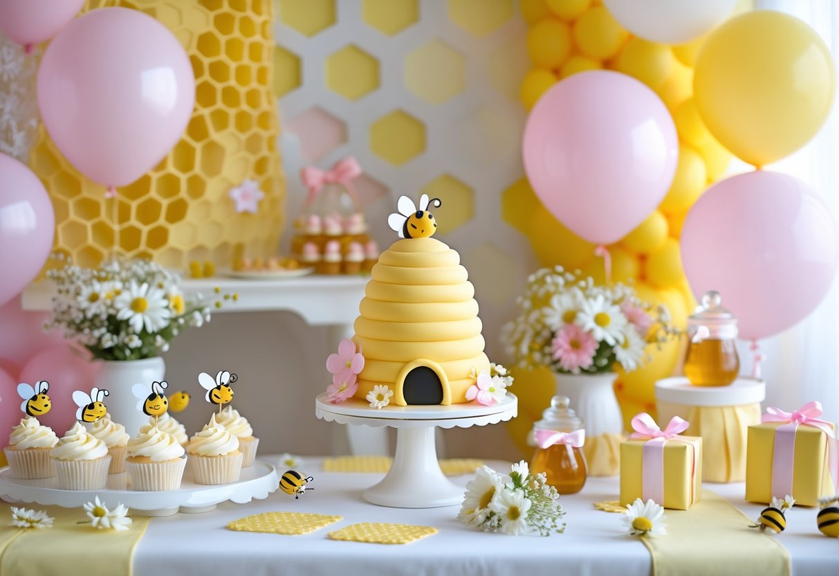 A decorated baby shower table with honeybee-themed decorations, cupcakes, balloons, and floral arrangements.