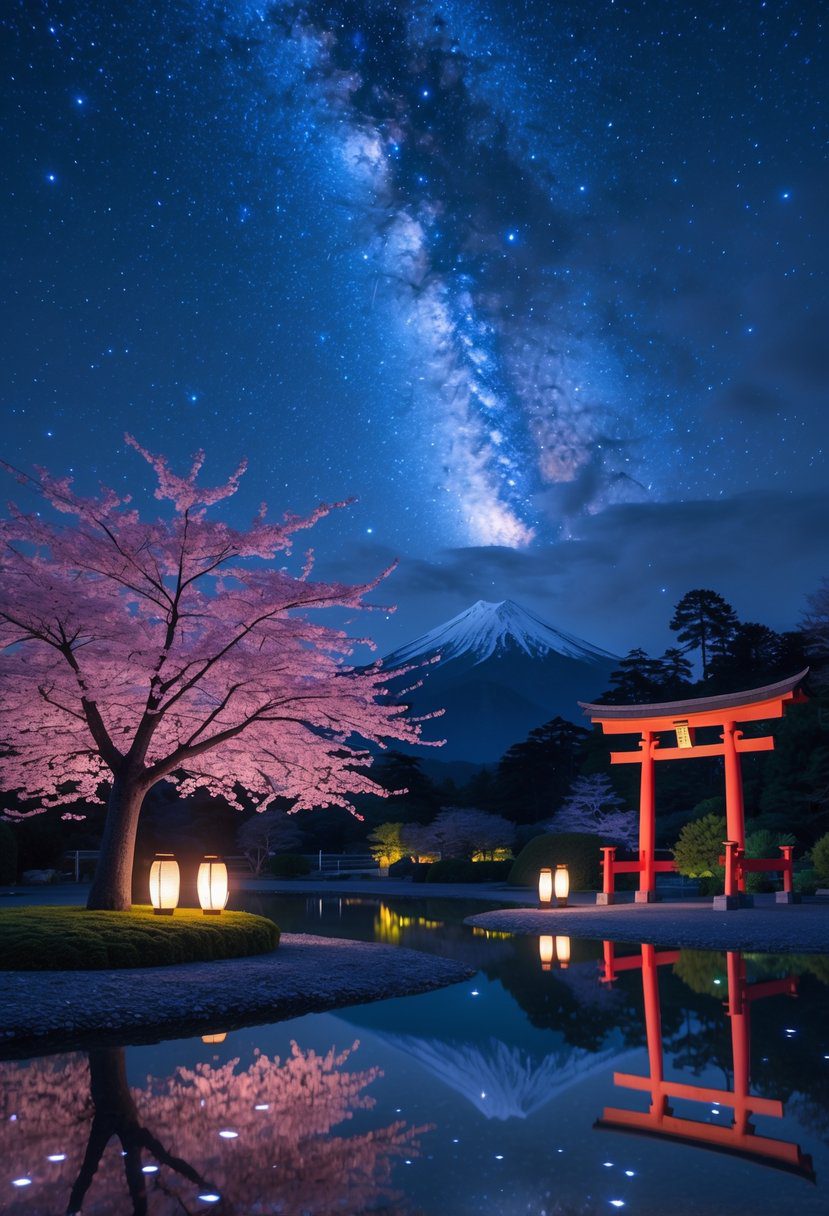 A peaceful Japanese landscape at night with a cherry blossom tree, a red torii gate, paper lanterns, and stars shining brightly in the sky.