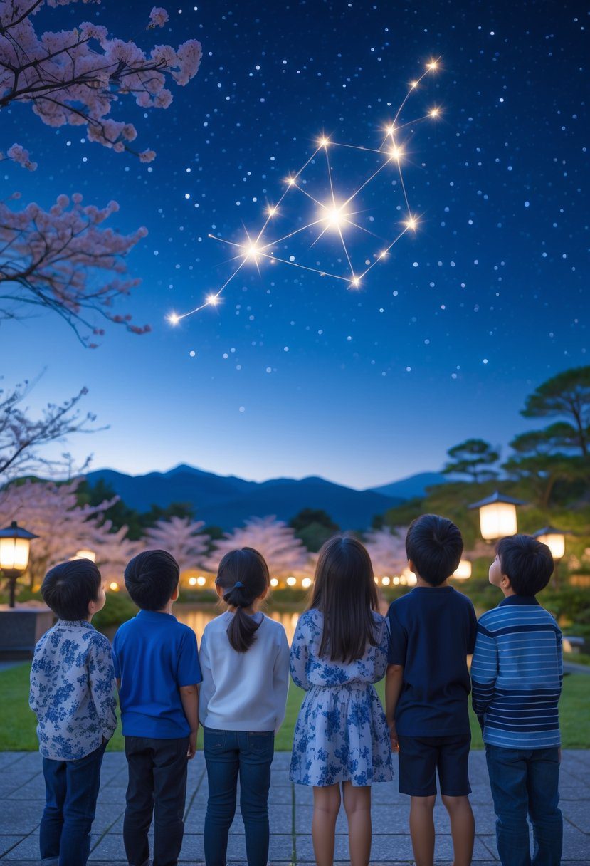 A group of Japanese children and teenagers looking up at a starry night sky in a peaceful garden with cherry blossoms and lanterns.