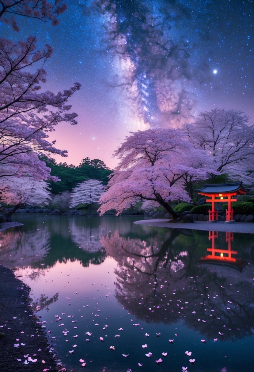 A calm lake at night with cherry blossom trees and a star-filled sky above, featuring a red torii gate in the background.