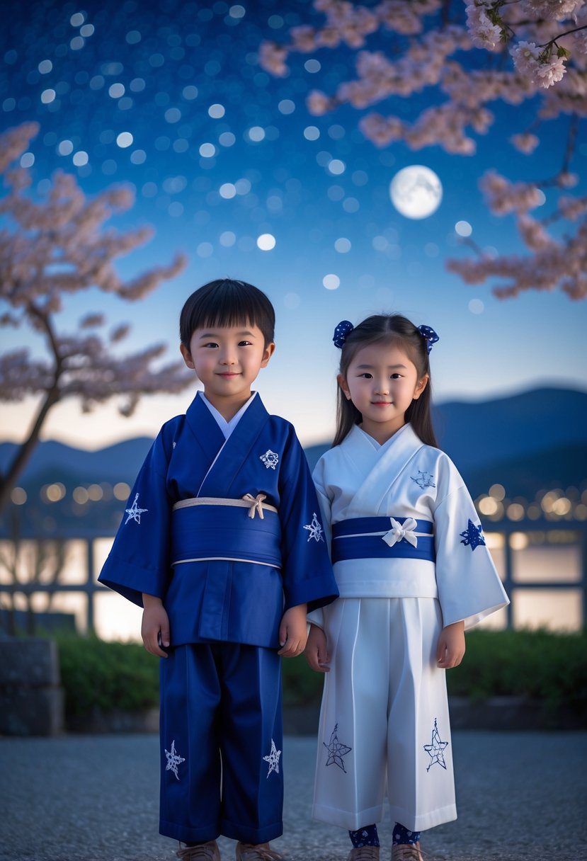 A young Japanese boy and girl standing outdoors at night under a star-filled sky with cherry blossoms and mountains in the background.