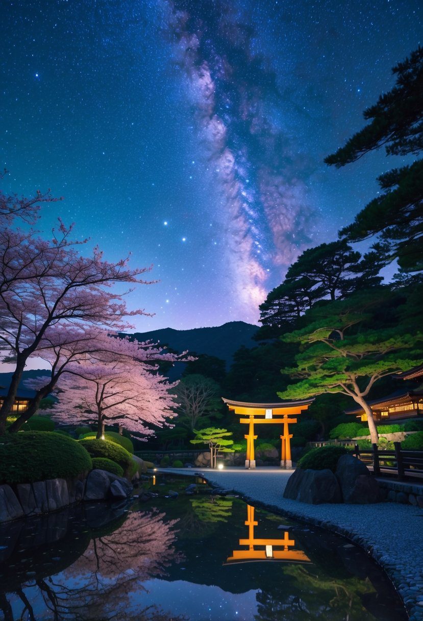A peaceful Japanese landscape at night with cherry blossoms, a pond, a wooden torii gate, and a sky full of bright stars.