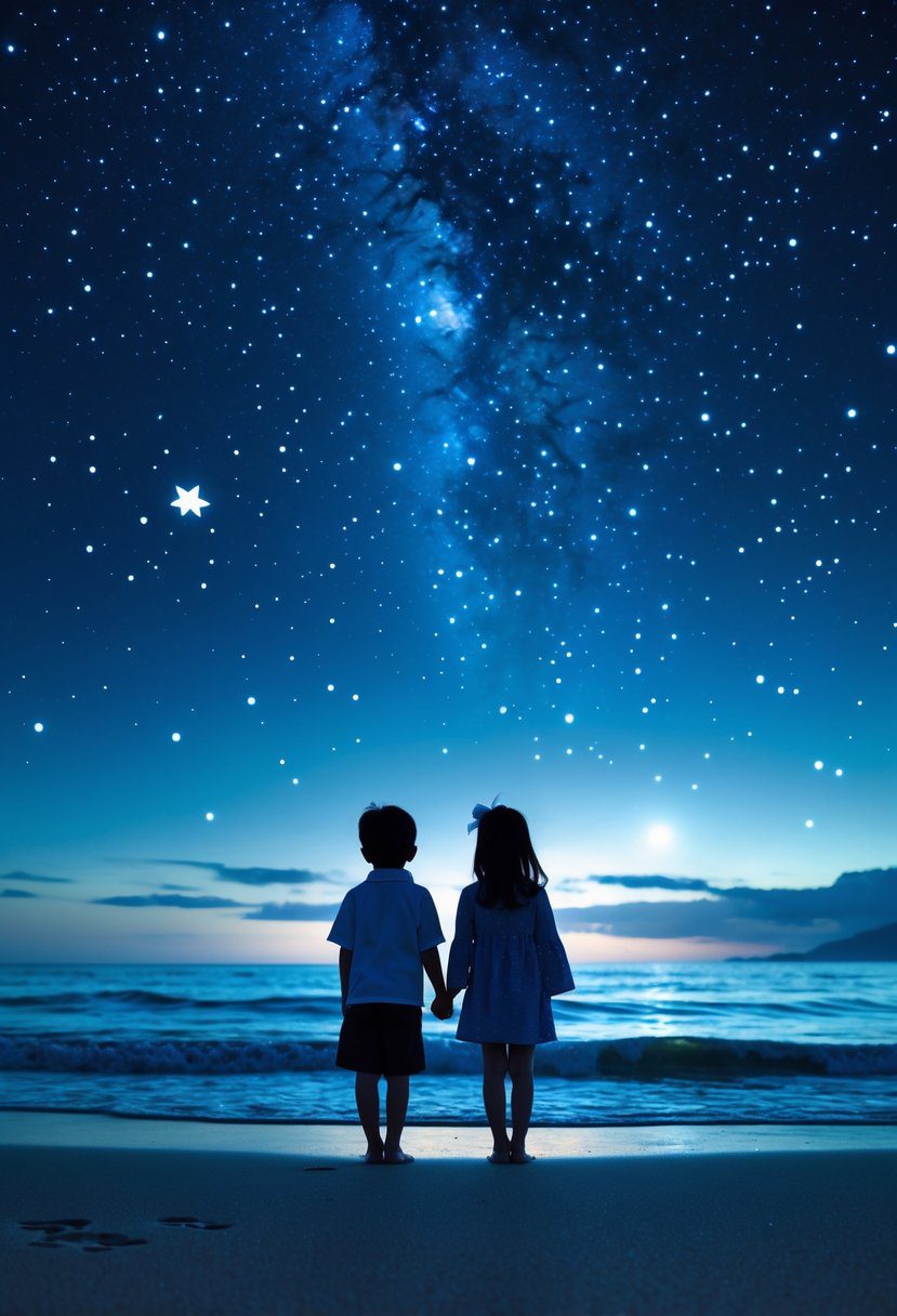 A young Japanese boy and girl standing on a beach at night, looking up at a star-filled sky over a calm ocean.