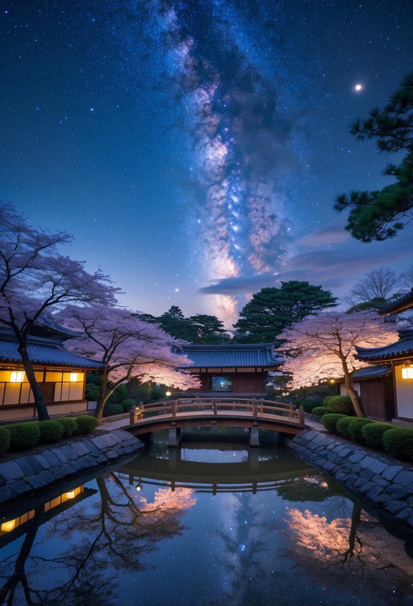 A peaceful Japanese garden at night with cherry blossoms, a wooden bridge over a pond, and a star-filled sky above.