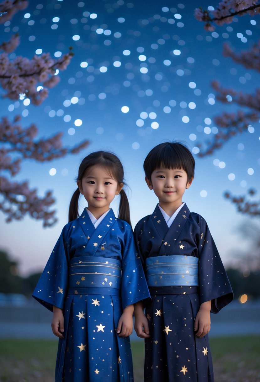 A young Japanese boy and girl standing under a starry night sky with cherry blossom trees in the background.
