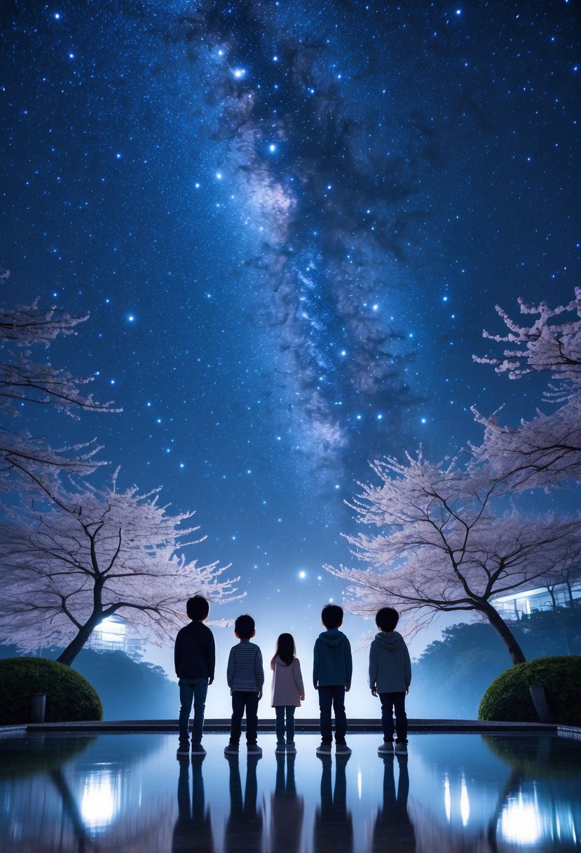 Children looking up at a star-filled night sky above a peaceful Japanese garden with cherry blossoms.