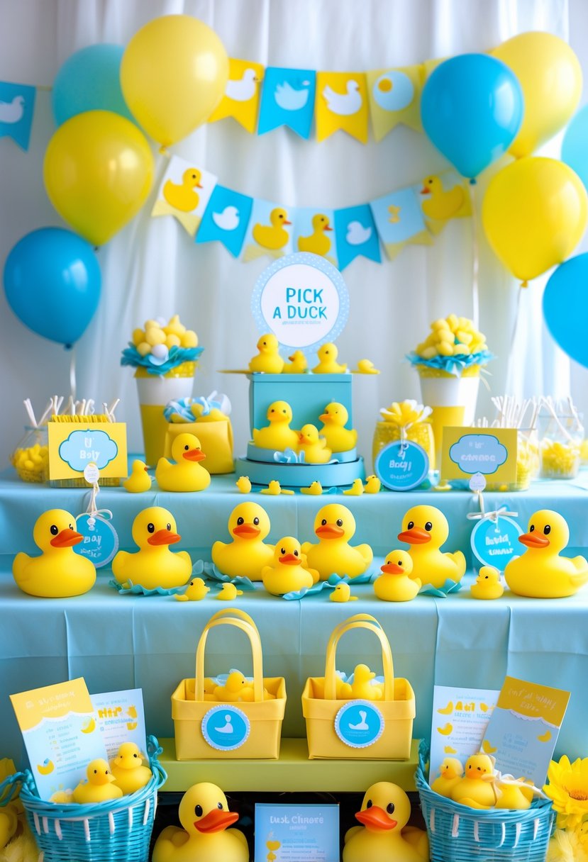 A baby shower table decorated with rubber duckies, pastel yellow and blue decorations, balloons, and baby shower favors arranged for a duck-themed game.