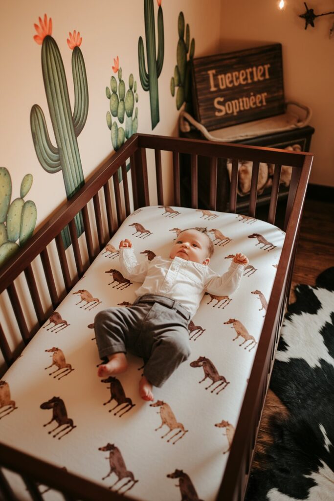A western-themed nursery with a rustic wooden crib, plaid bedding, and a mural of a wild west landscape on the wall